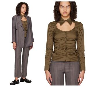Ganni Cut Out Tailored Button Down Shirt in Brown